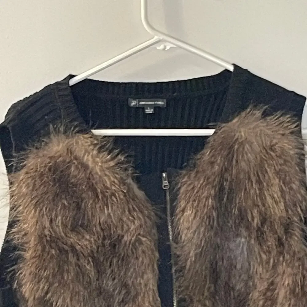 Adrianna Papell fur vest Large brown sleeveless jacket black knit back cozy chic